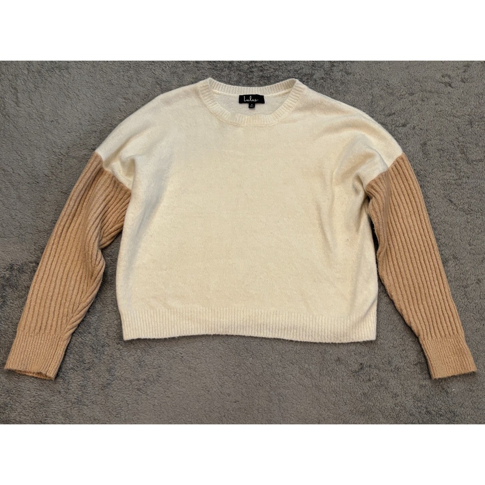 Lulus Sweater Womens Small Cream Tan Two Tone Ribbed Sleeve Knit Pullover